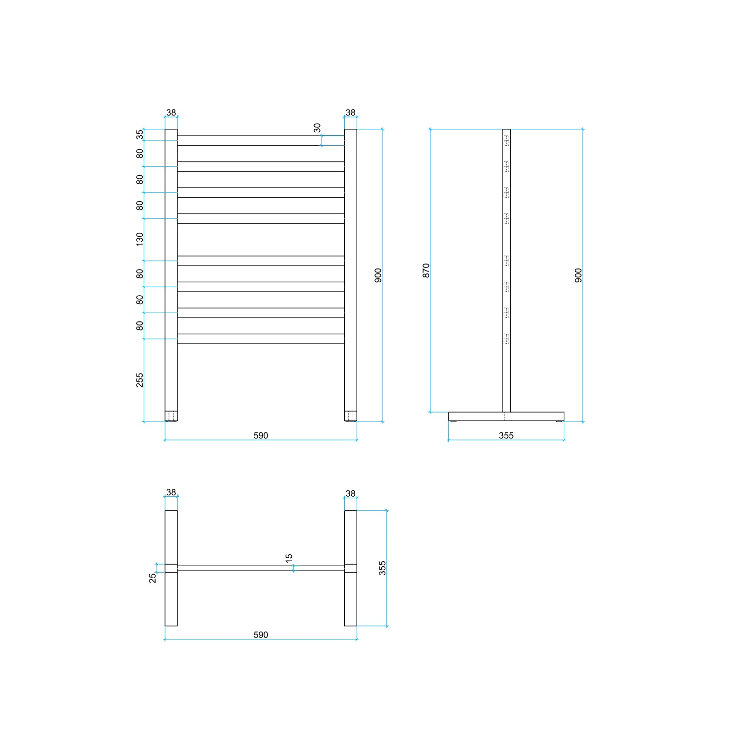 Thermorail Free Standing Straight/Square 590x900x355mm 119Watts 8 Bars