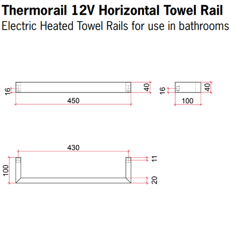 Thermorail Square Single Rail - 450x40x100mm - 17Watts