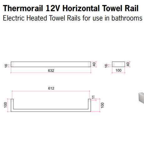 Thermorail Square Single Rail - 632x40x100mm - 23Watts