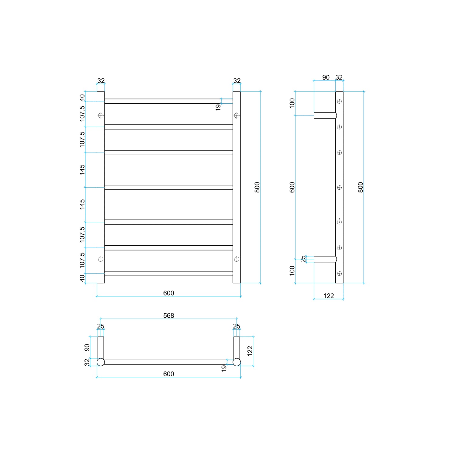 Thermorail Straight/Round 12Volt 600x800x122mm 100Watts 7 Bars