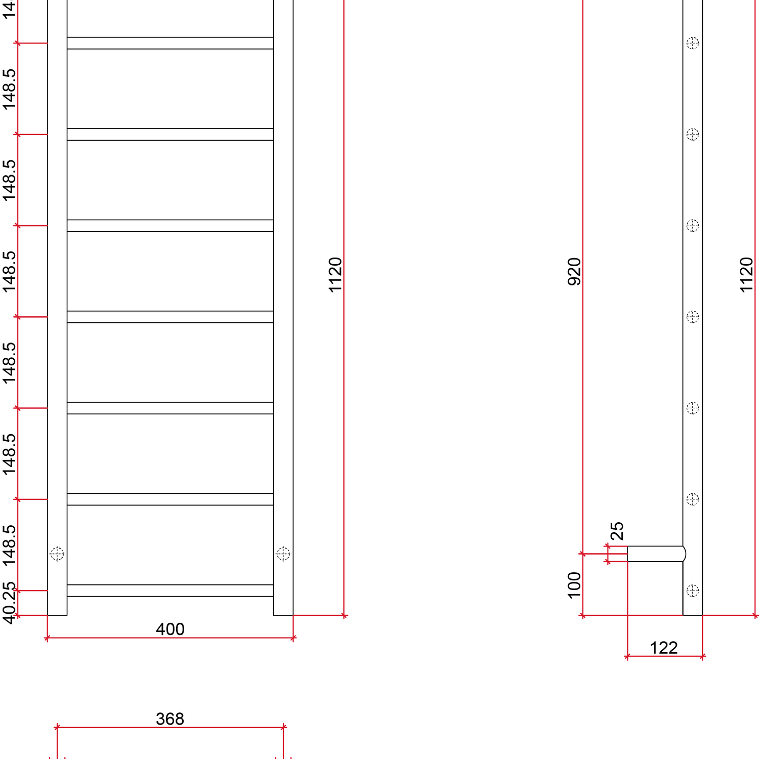 Thermorail Straight/Round 400x1120x122mm 65Watts 8 Bars