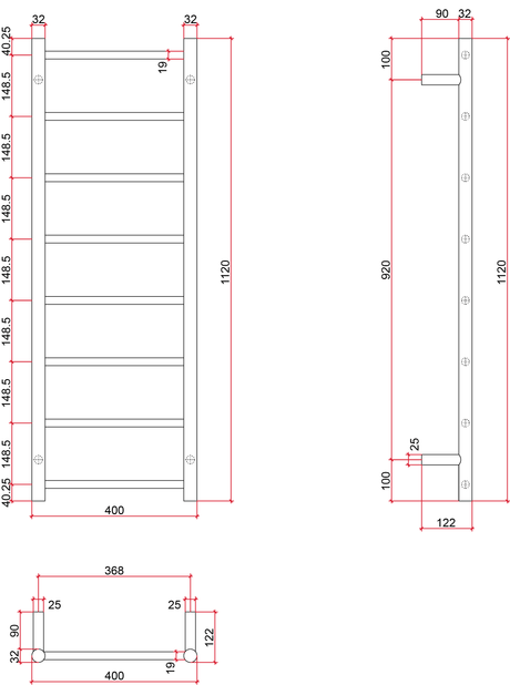 Thermorail Straight/Round 400x1120x122mm 65Watts 8 Bars