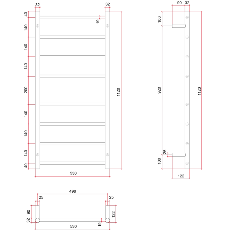 Thermorail Straight/Round 530x1120x122mm 80Watts 8 Bars