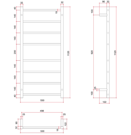 Thermorail Straight/Round 530x1120x122mm 80Watts 8 Bars