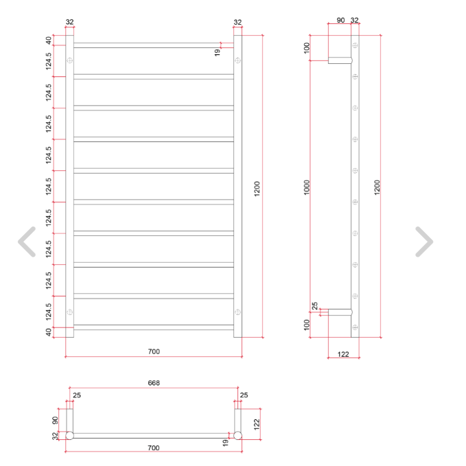 Thermorail Straight/Round 530x700x122mm 76Watts 8 Bars