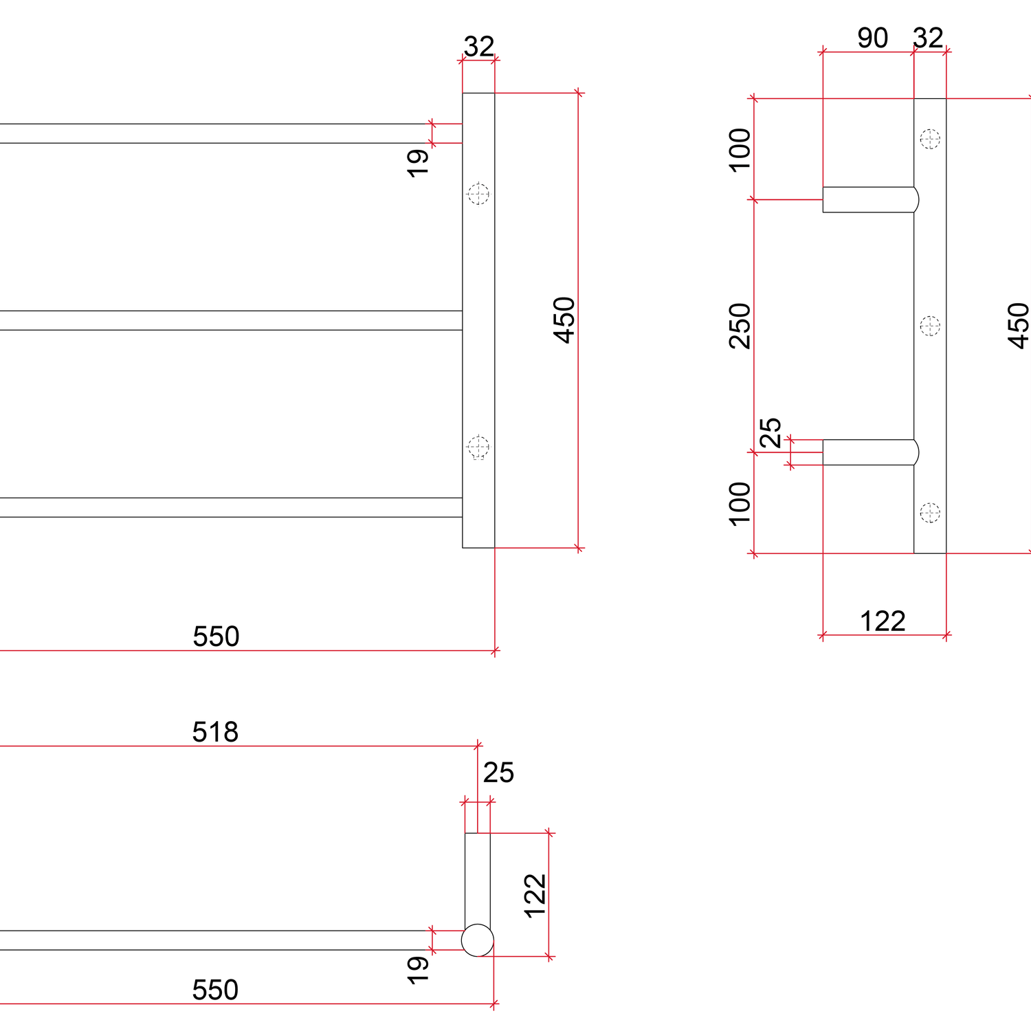 Thermorail Straight/Round 550x450x122mm 33Watts 3 Bars
