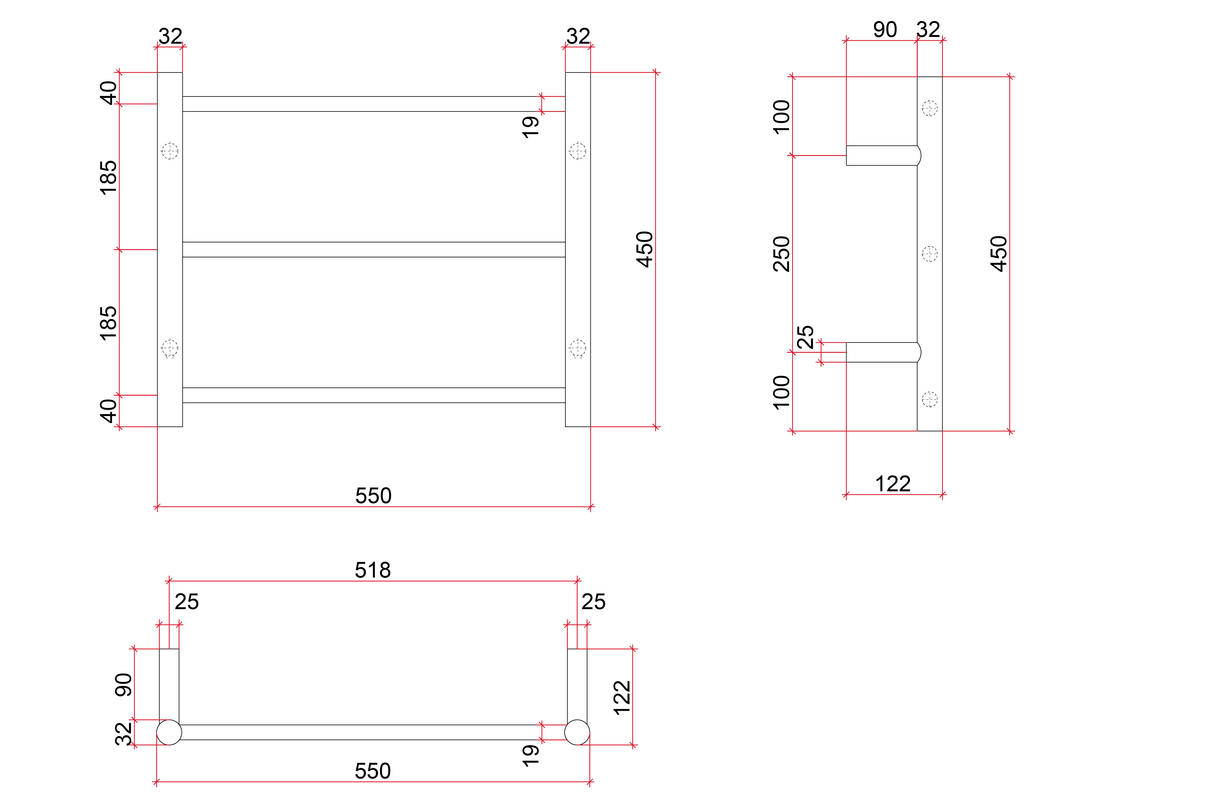 Thermorail Straight/Round 550x450x122mm 33Watts 3 Bars