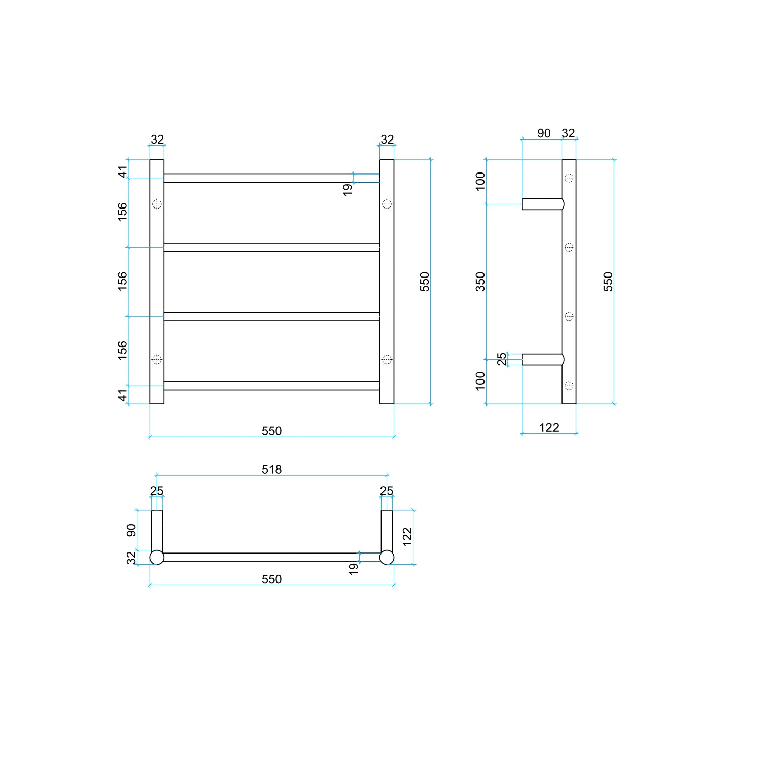 Thermorail Straight/Round 550x550x122mm 41Watts 4 Bars