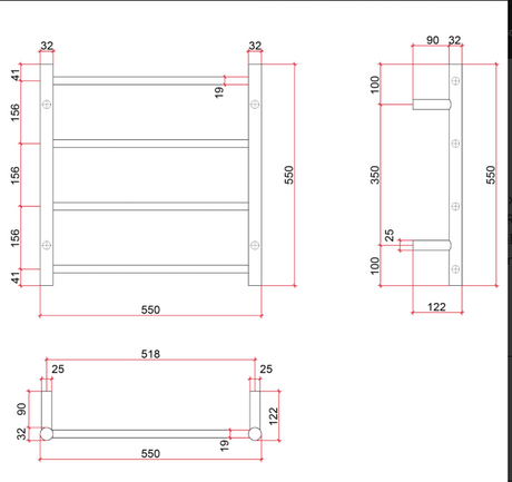 Thermorail Straight/Round 550x550x122mm 41Watts 4 Bars