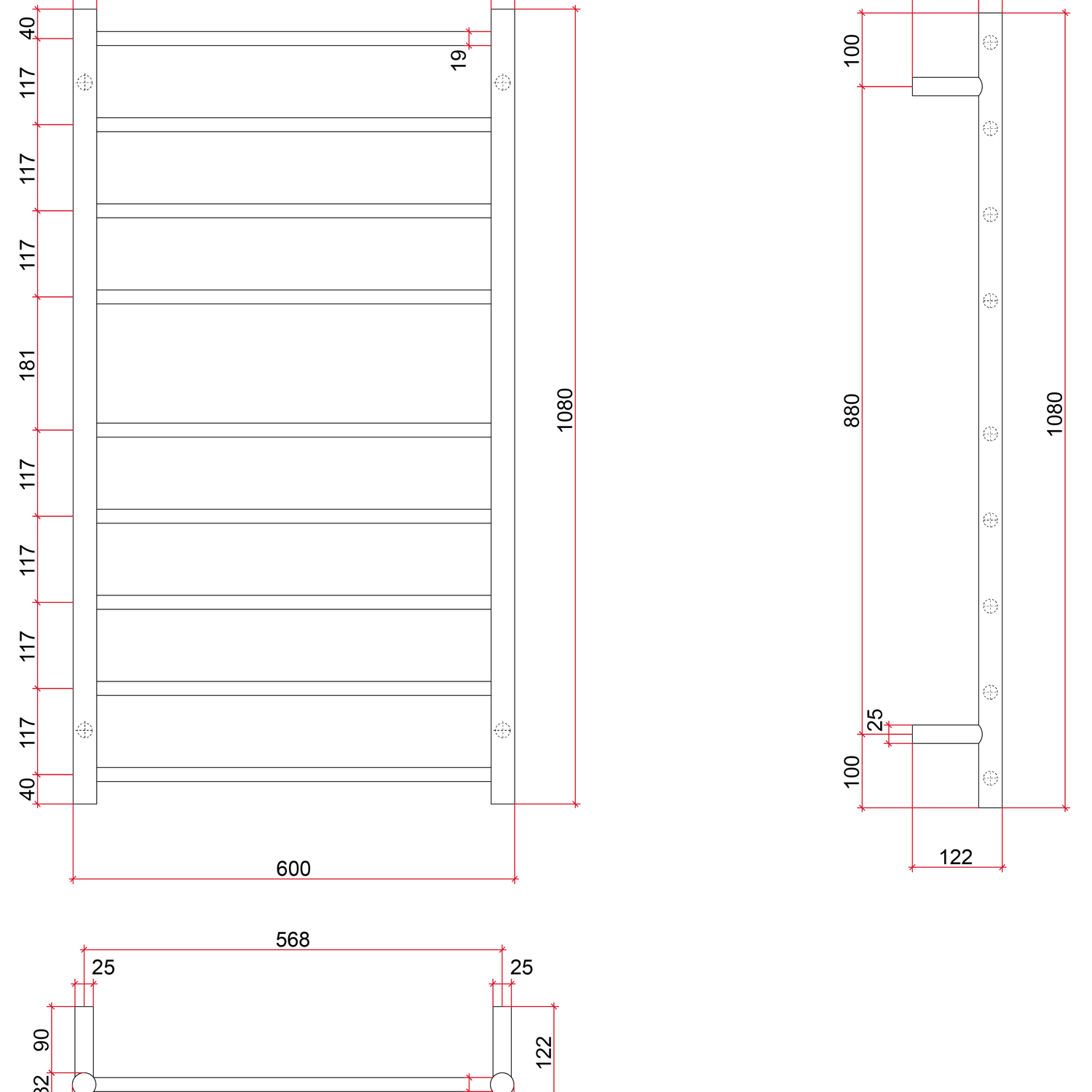 Thermorail Straight/Round 600x1080x122mm 103Watts 9 Bars