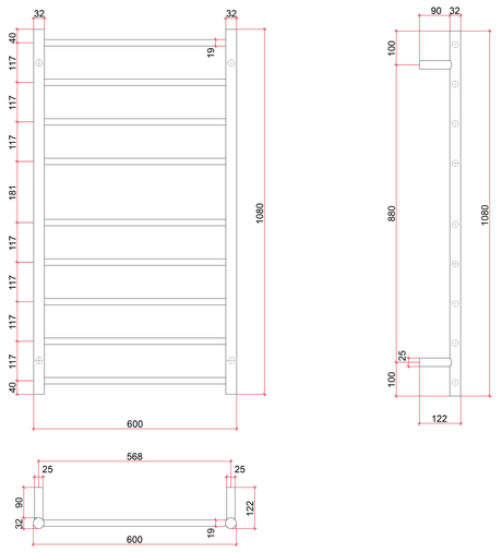 Thermorail Straight/Round 600x1080x122mm 103Watts 9 Bars