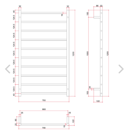 Thermorail Straight/Round 700x1200x122mm 128Watts 10 Bars