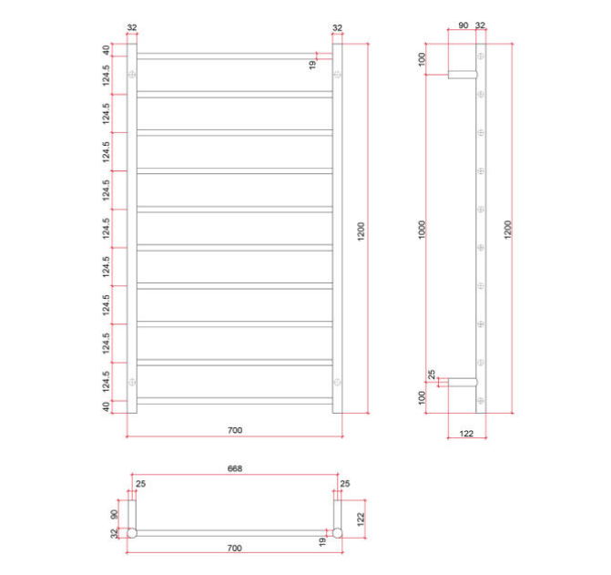 Thermorail Straight/Round 700x1200x122mm 158Watts 10 Bars