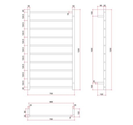 Thermorail Straight/Round 700x1200x122mm 158Watts 10 Bars