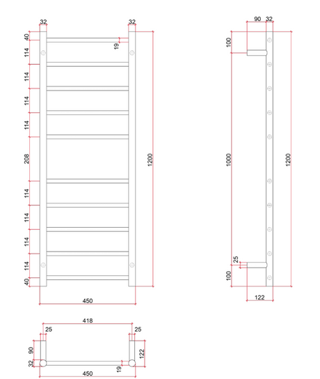 Thermorail Straight/Round 700x1200x122mm 162Watts 10 Bars