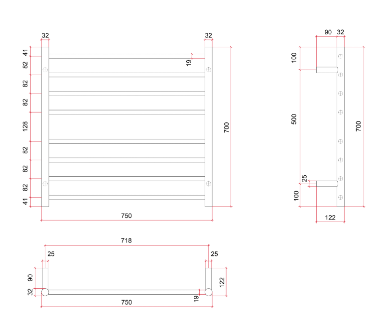 Thermorail Straight/Round 750x700x122mm 104Watts 8 Bars
