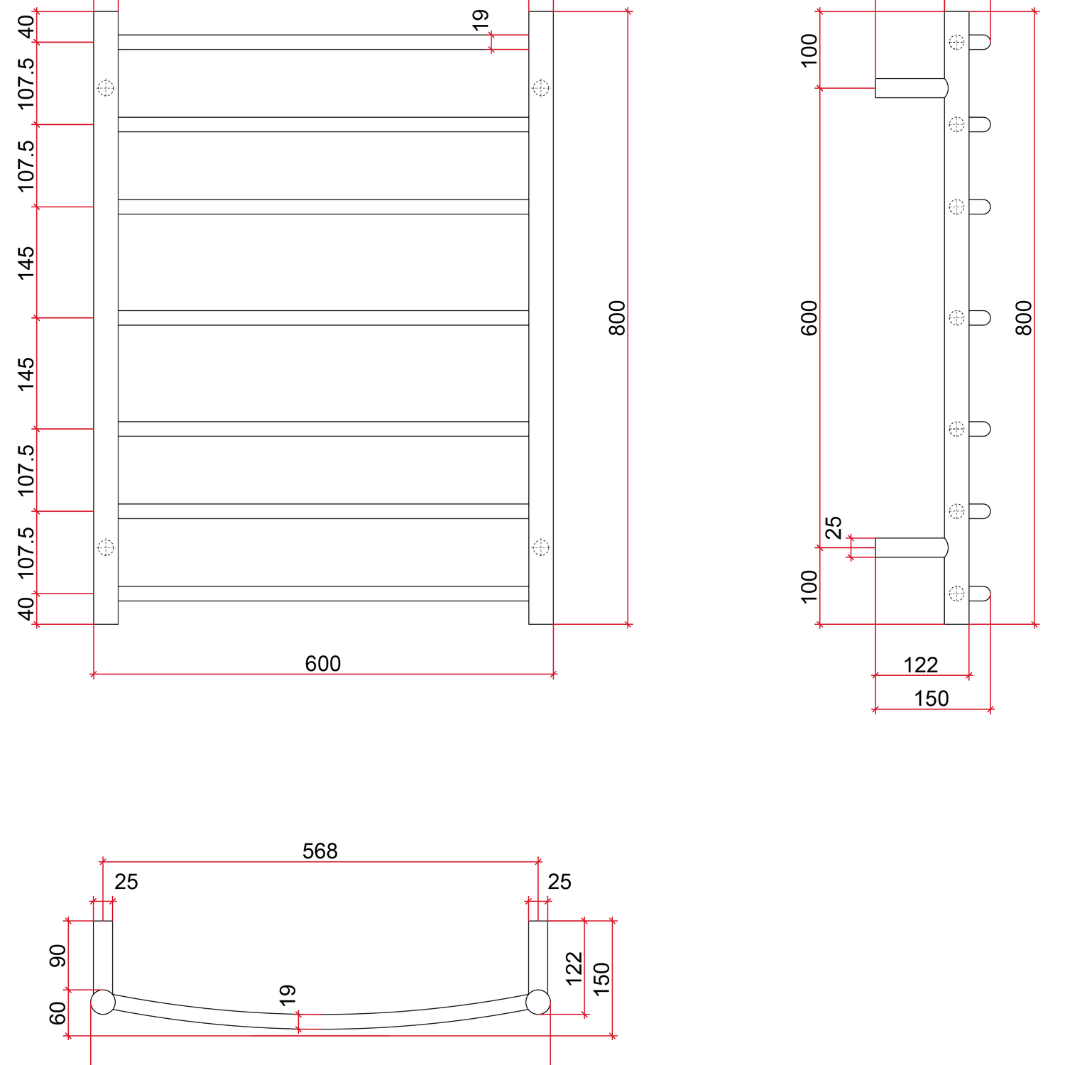 Thermorail Straight/Round 750x700x122mm 132Watts 8 Bars