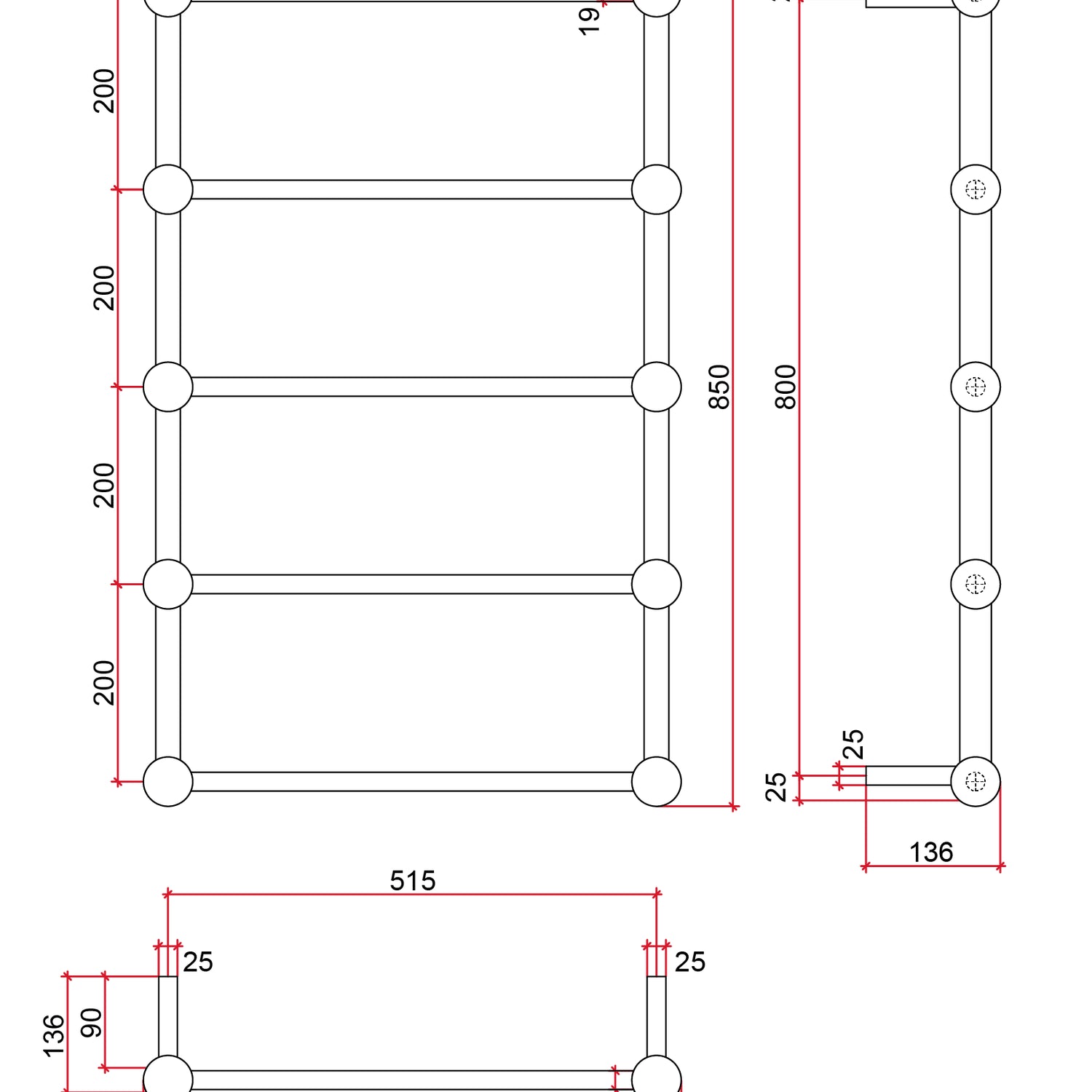 Thermorail Straight/Round with Ball Detail 560x850x140mm 60Watts 5 Bars