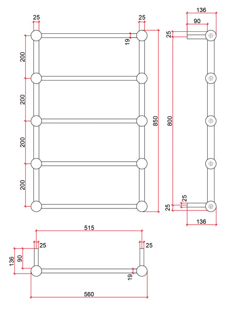 Thermorail Straight/Round with Ball Detail 560x850x140mm 60Watts 5 Bars