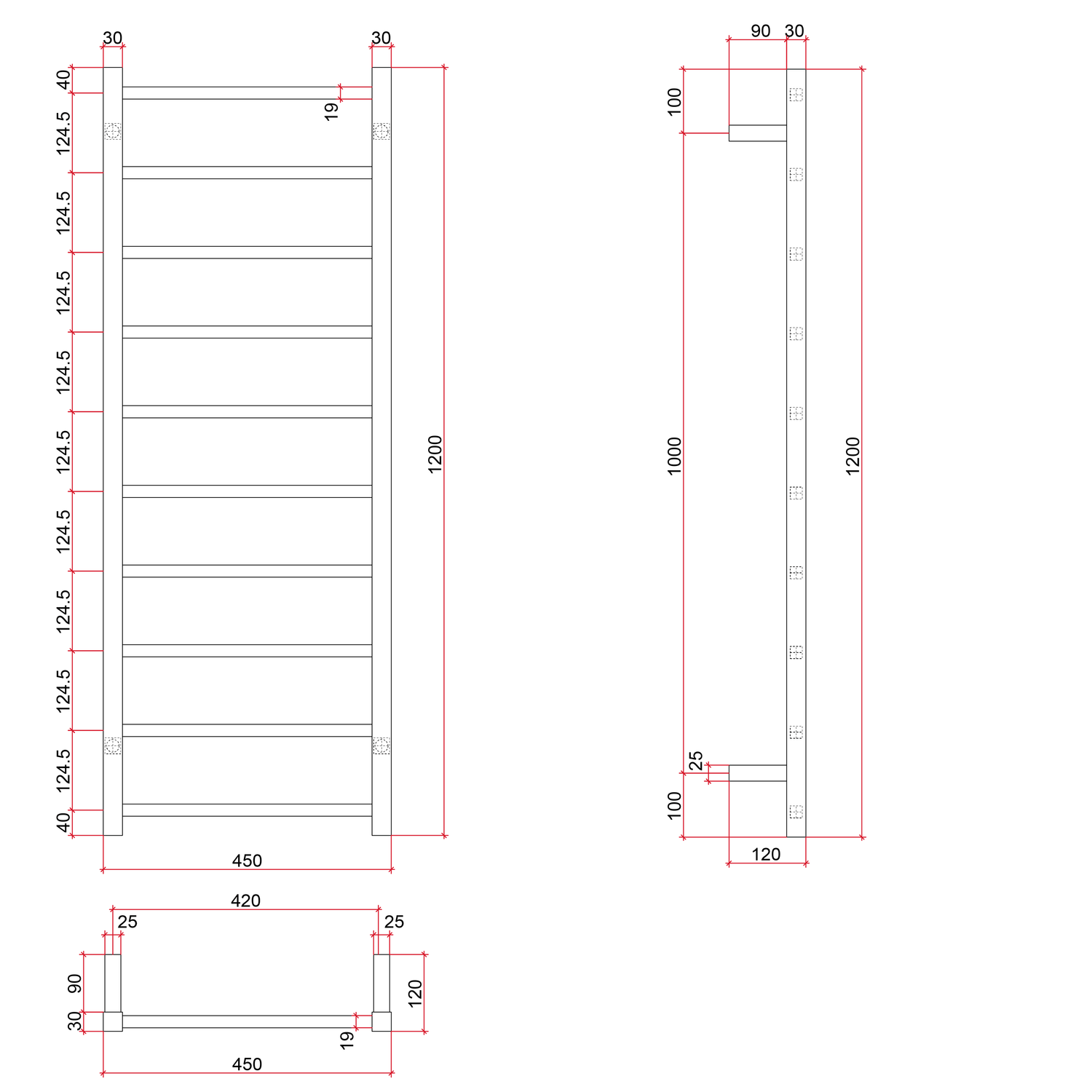 Thermorail Straight/Square 450x1200x120mm 89Watts 10 Bars