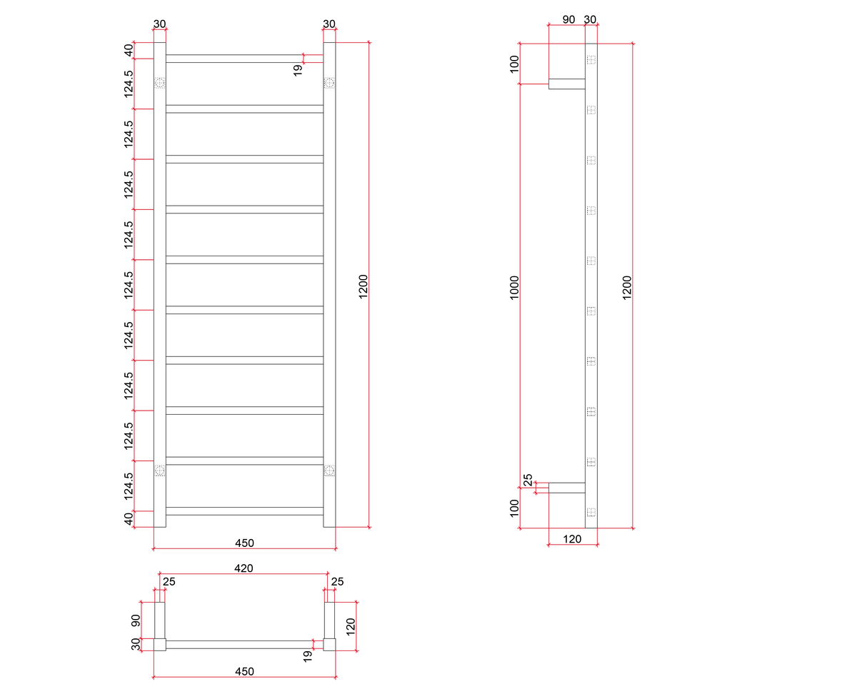 Thermorail Straight/Square 450x1200x120mm 89Watts 10 Bars