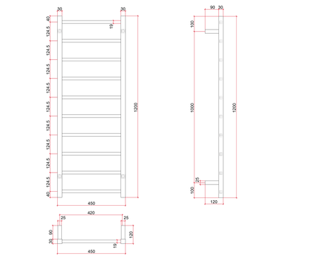 Thermorail Straight/Square 450x1200x120mm 89Watts 10 Bars