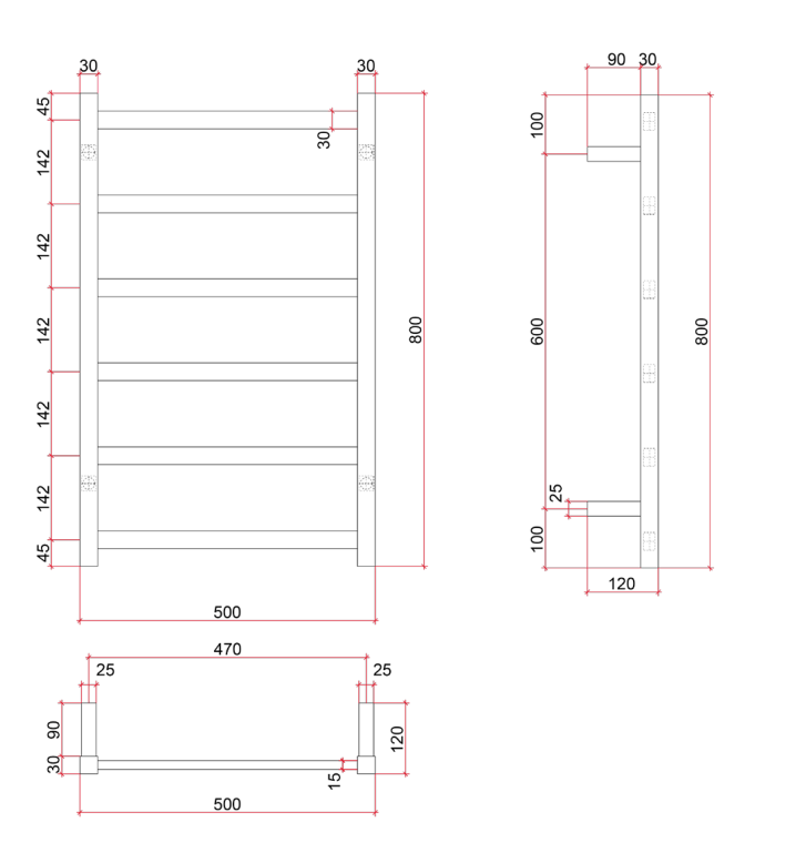 Thermorail Straight/Square 500x800x120mm 81Watts 6 Bars