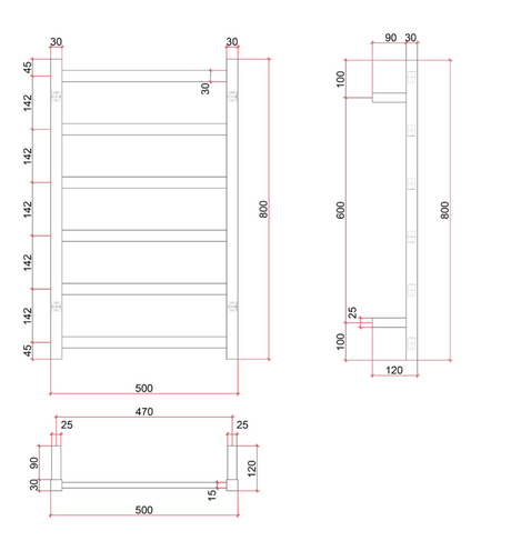 Thermorail Straight/Square 500x800x120mm 81Watts 6 Bars