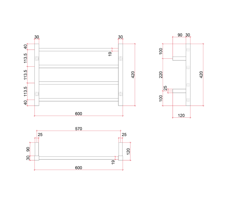 Thermorail Straight/Square 600x420x120mm 47Watts 4 Bars