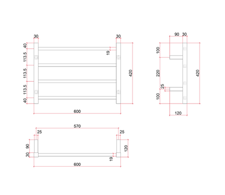Thermorail Straight/Square 600x420x120mm 47Watts 4 Bars