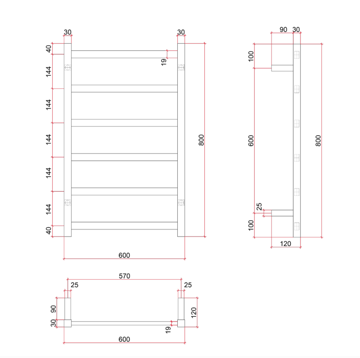 Thermorail Straight/Square 600x800x120mm 104Watts 6 Bars