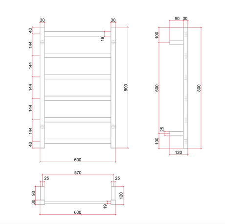 Thermorail Straight/Square 600x800x120mm 104Watts 6 Bars