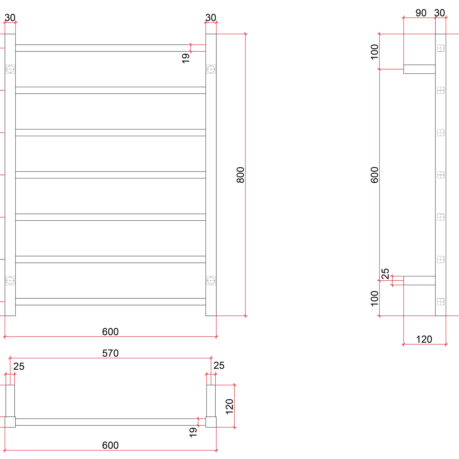 Thermorail Straight/Square 600x800x120mm 83Watts 7 Bars