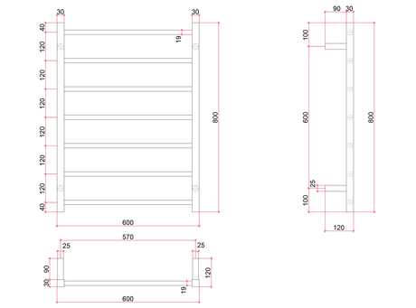 Thermorail Straight/Square 600x800x120mm 83Watts 7 Bars