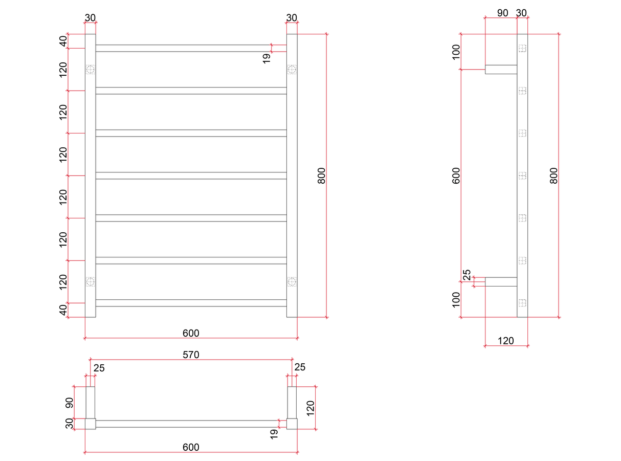 Thermorail Straight/Square 600x800x120mm 83Watts 7 Bars