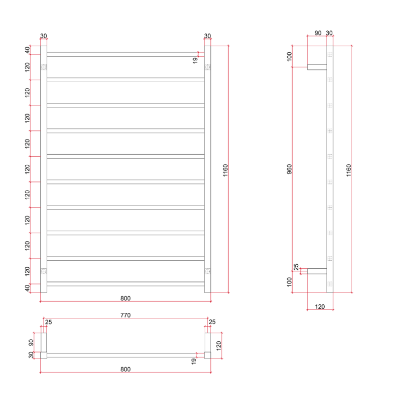 Thermorail Straight/Square 800x1160x120mm 153Watts 10 Bars