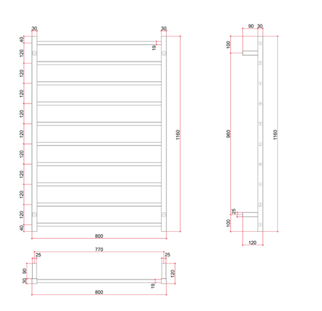Thermorail Straight/Square 800x1160x120mm 153Watts 10 Bars