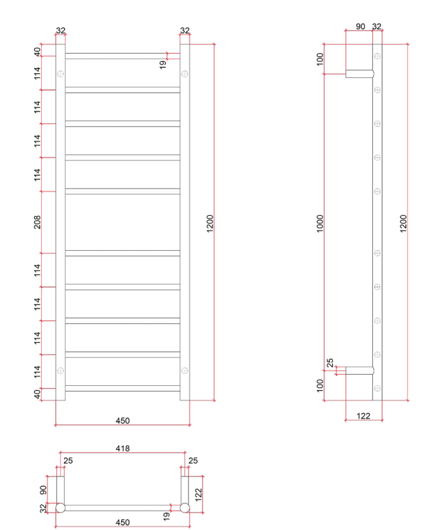 Thermorail Straight/Square 800x1160x120mm 217Watts 10 Bars