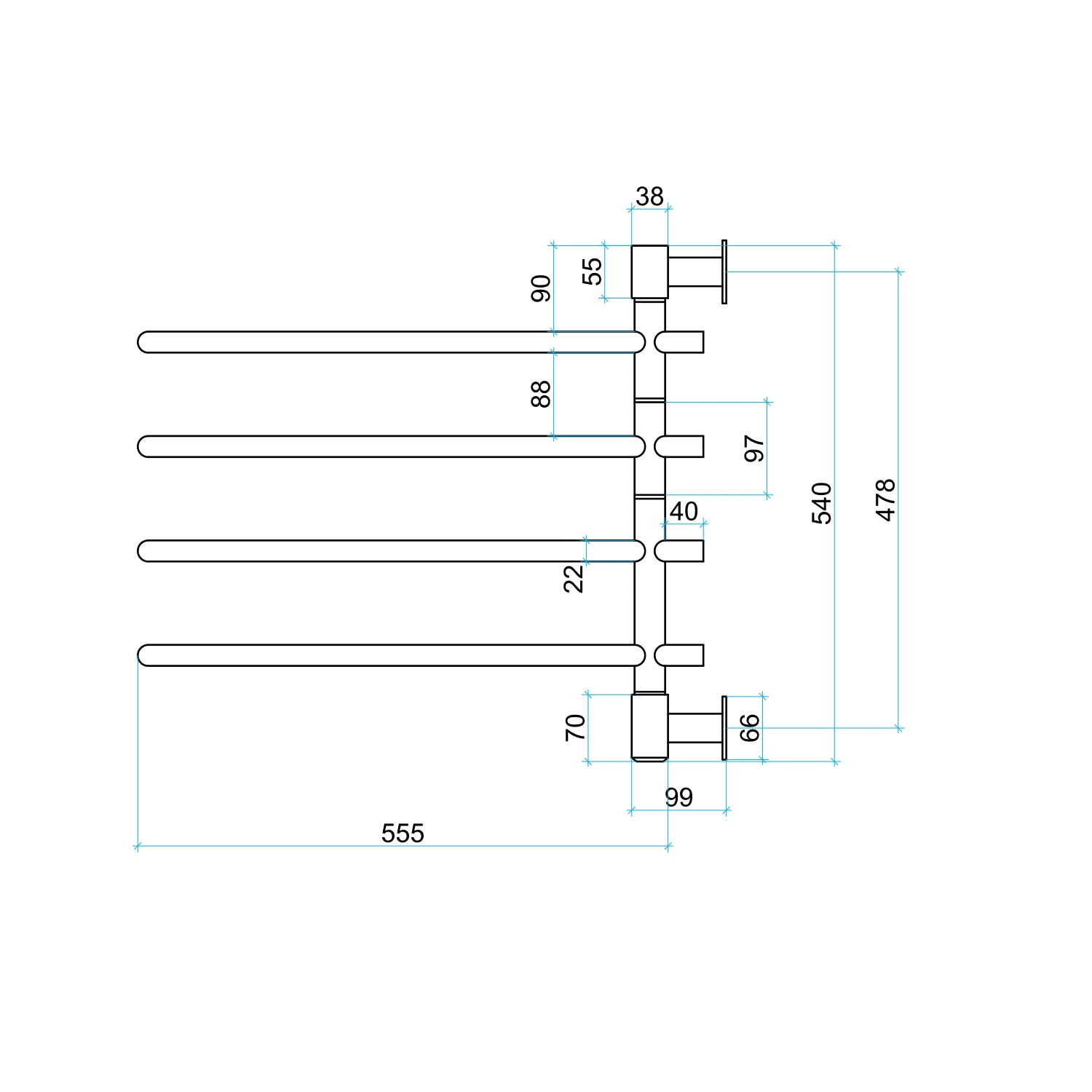 Thermorail Swivel, Straight/Round 600x540x99mm 48Watts 4Bars
