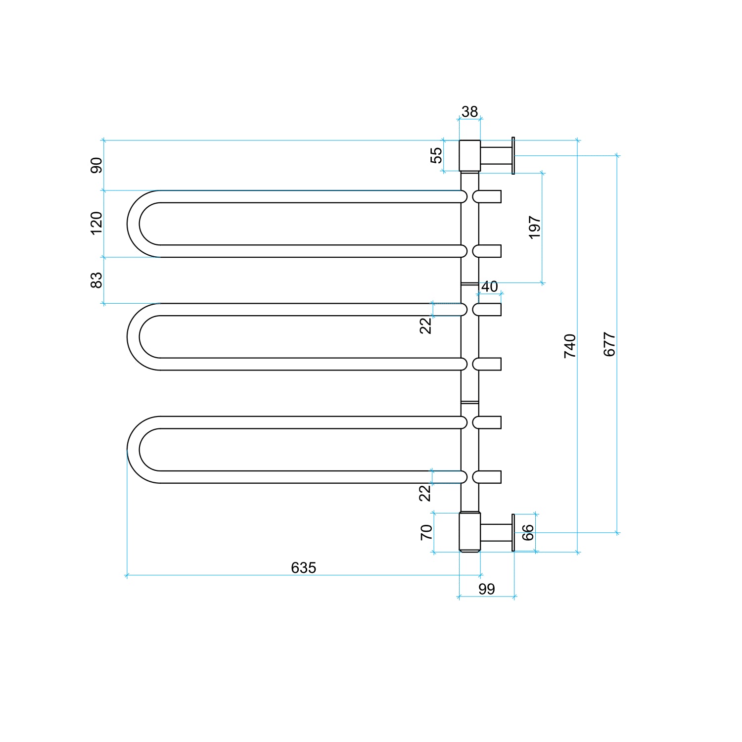 Thermorail Swivel, Straight/Round 675x740x99mm 77Watts