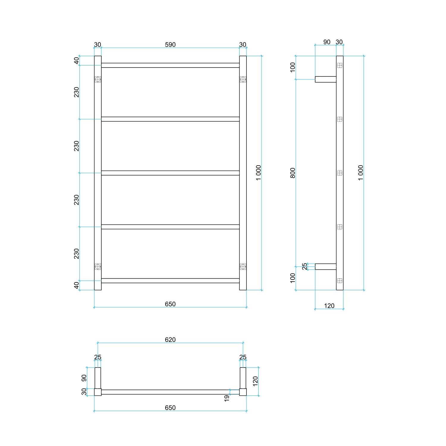 Thermorail Unheated Straight/Square Ladder 650x1000x120mm 5 Bars