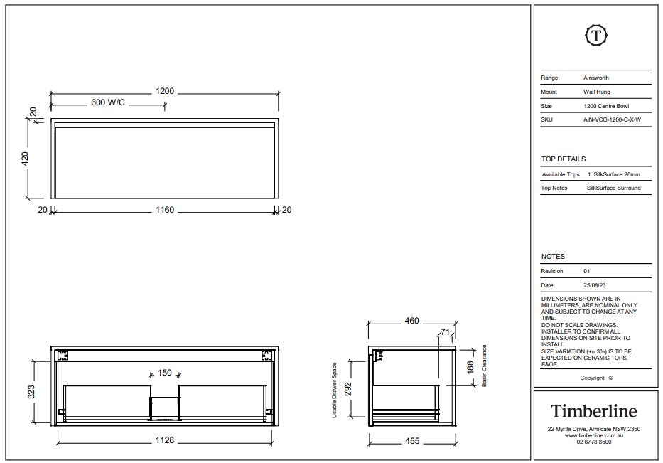 Timberline AINSWORTH Wall Hung Vanity (All Sizes)