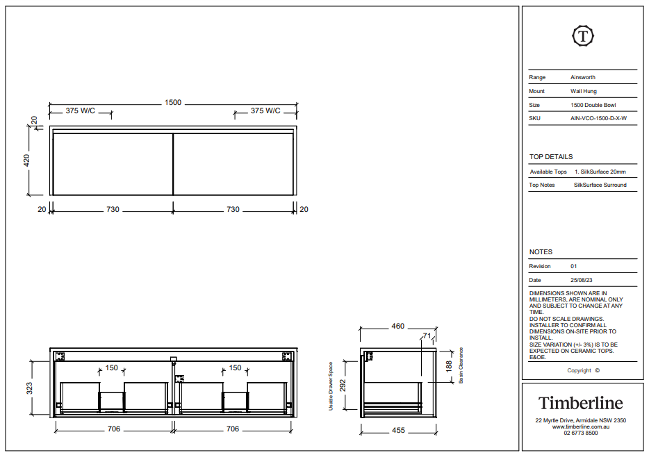 Timberline AINSWORTH Wall Hung Vanity (All Sizes)