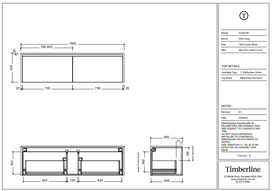 Timberline AINSWORTH Wall Hung Vanity (All Sizes)