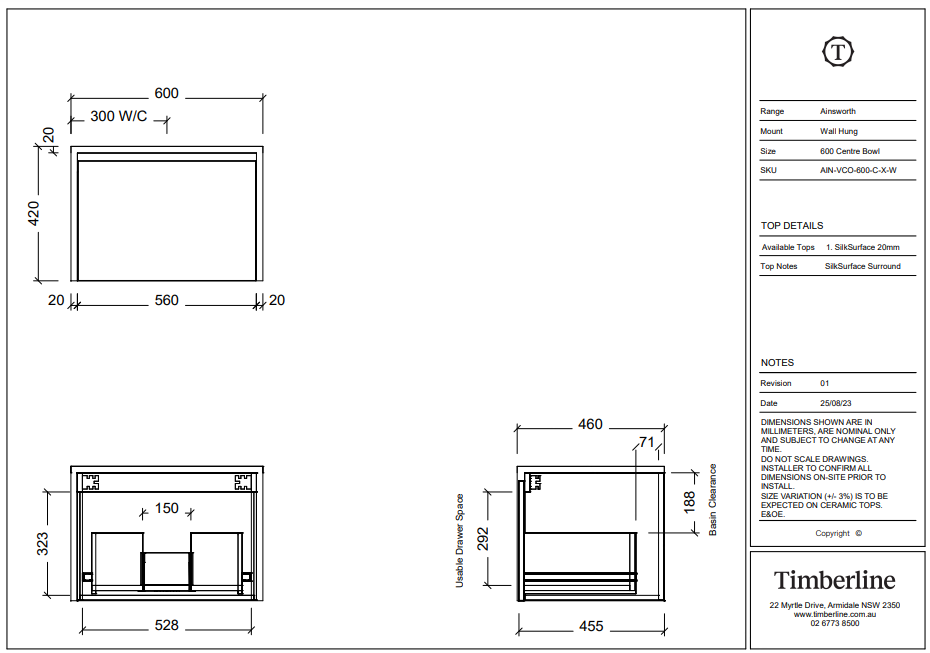 Timberline AINSWORTH Wall Hung Vanity (All Sizes)