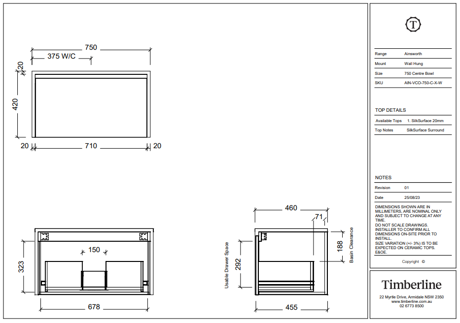 Timberline AINSWORTH Wall Hung Vanity (All Sizes)