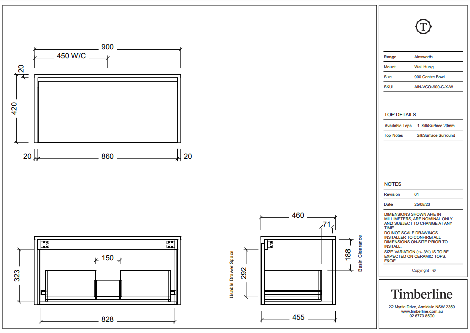 Timberline AINSWORTH Wall Hung Vanity (All Sizes)