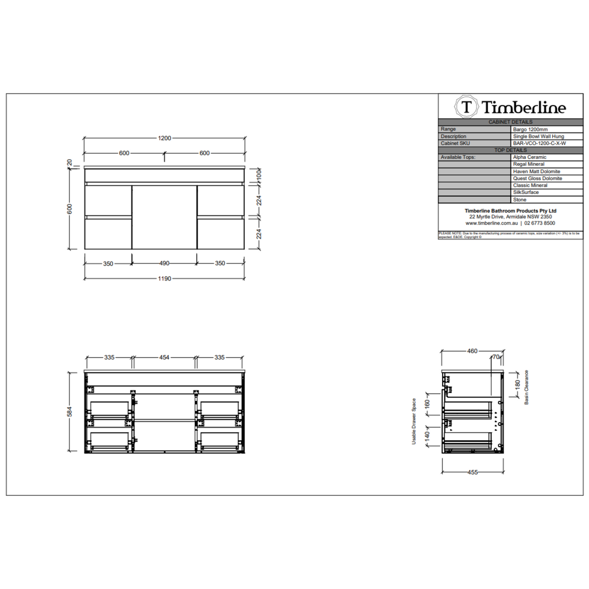 Timberline BARGO Wall Hung Vanity (All Sizes)