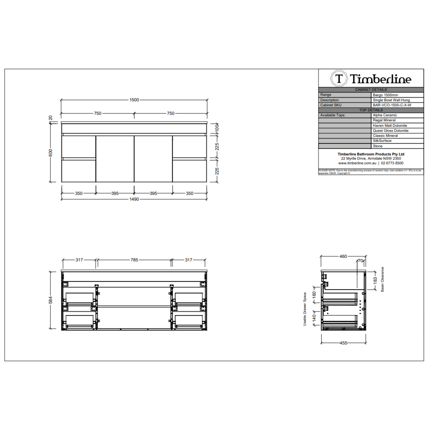 Timberline BARGO Wall Hung Vanity (All Sizes)