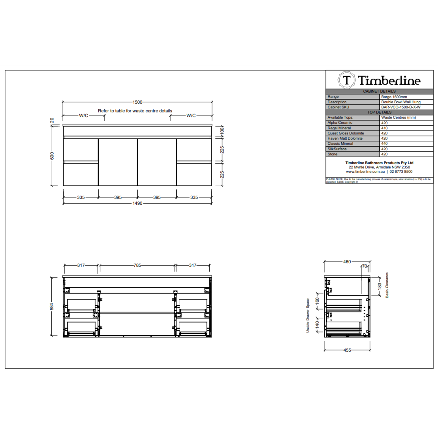 Timberline BARGO Wall Hung Vanity (All Sizes)